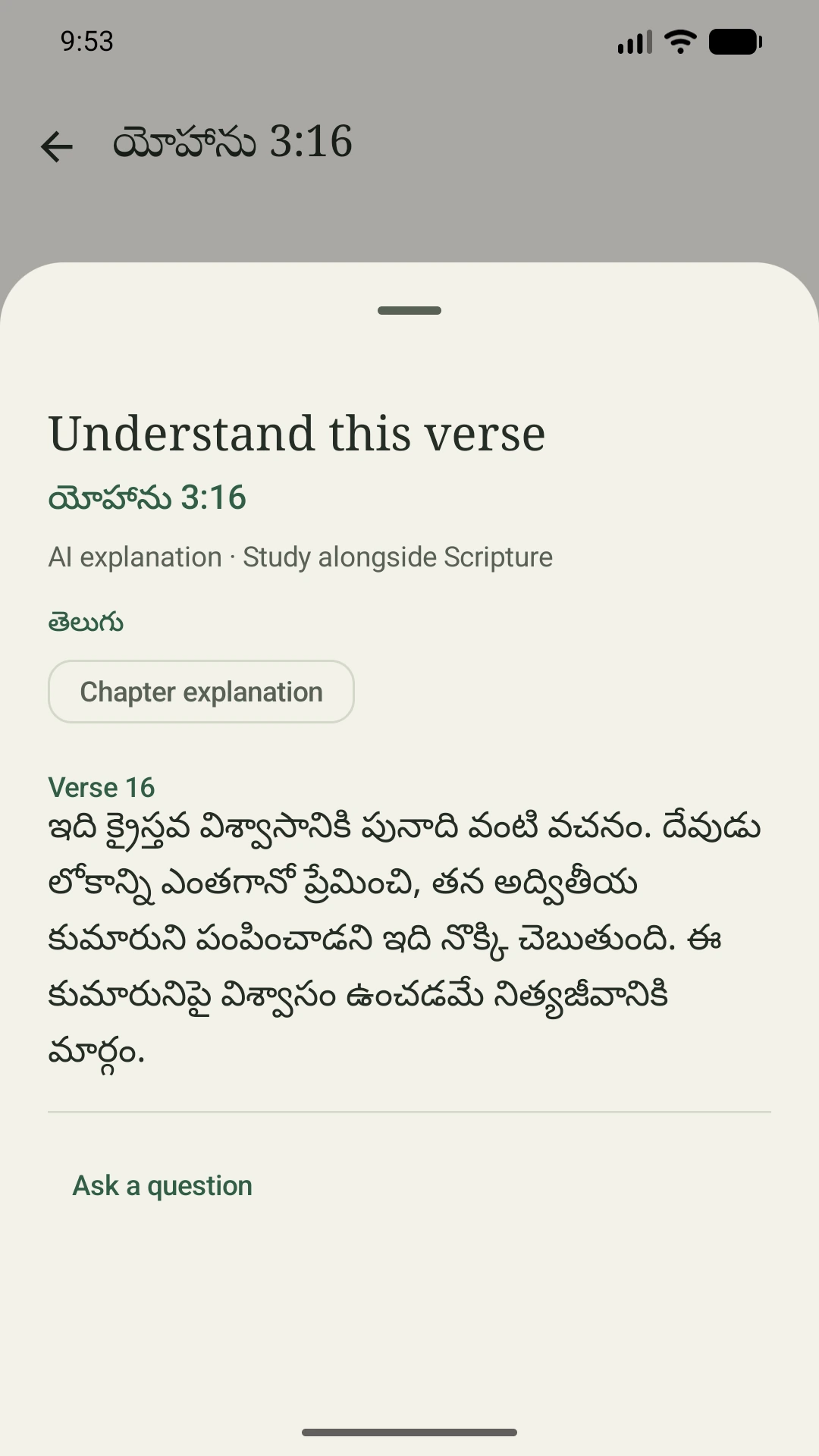 Lumina’s explanation screen alongside a real Bible passage, with its language and availability state visible.