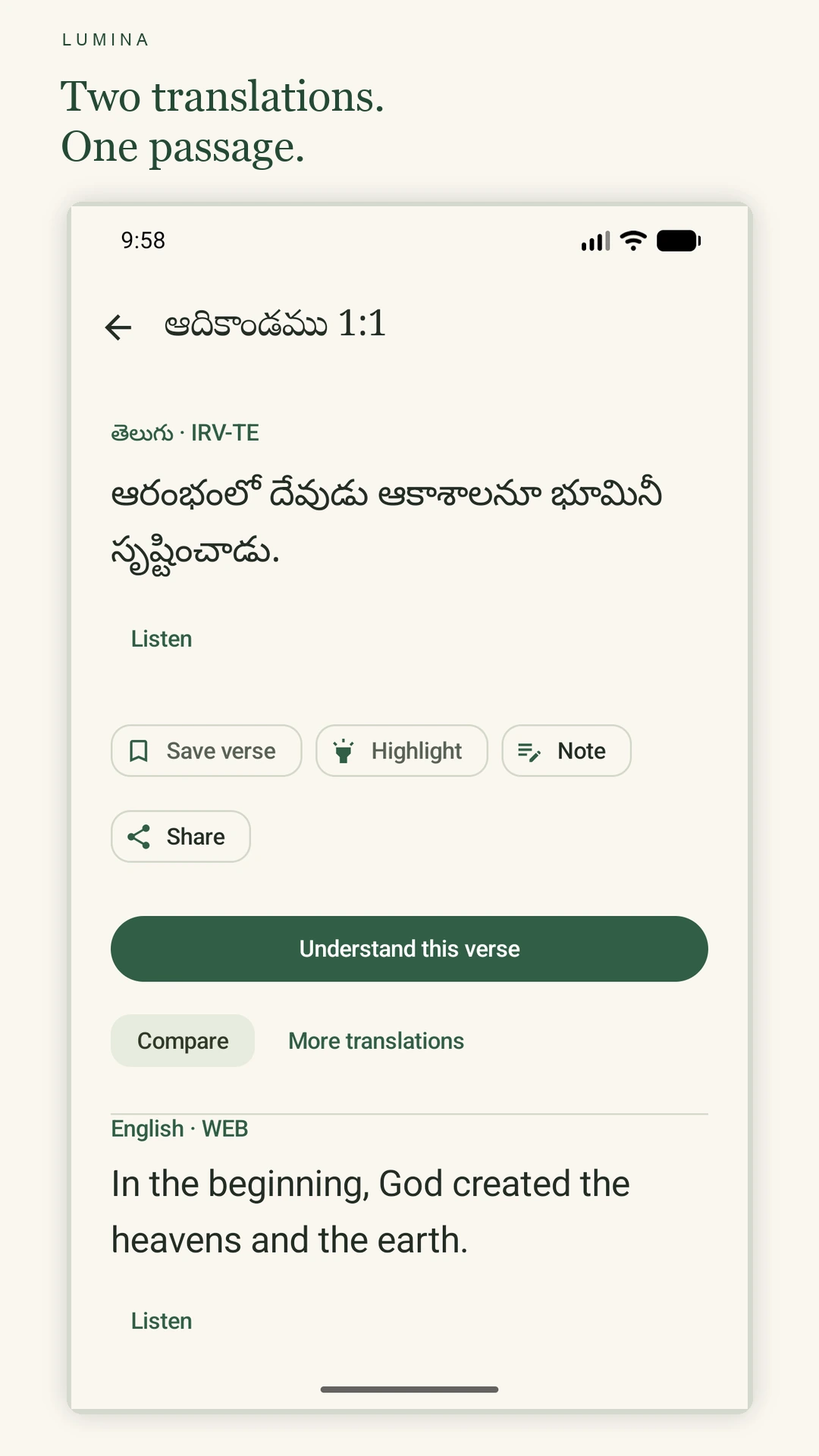 Genesis 1:1 in Telugu and English in Lumina’s comparison view.