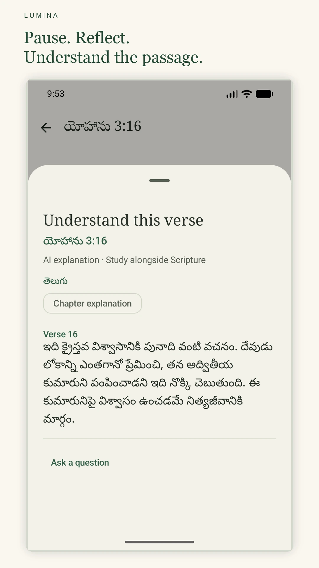 A Telugu explanation attached to John 3:16 in the real Lumina app.