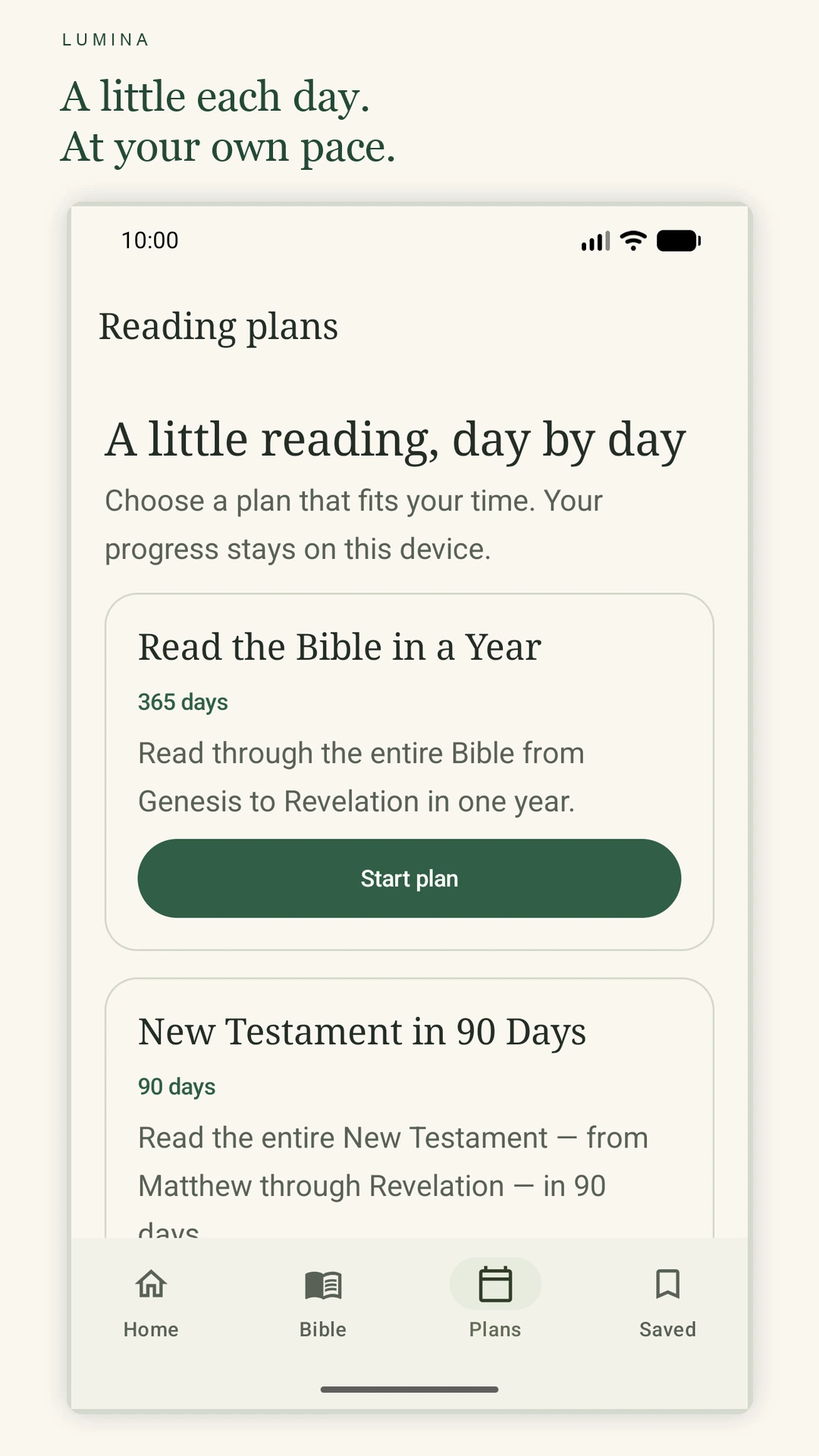 Lumina’s built-in Bible reading plans with clear start actions.