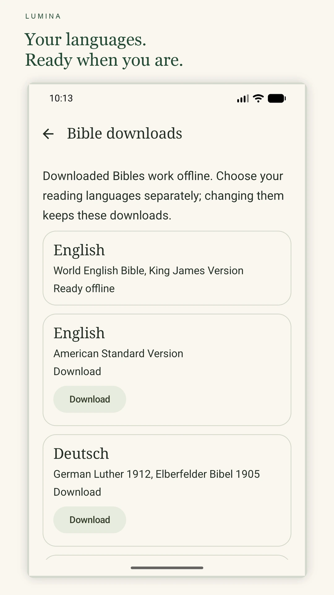Lumina’s Bible downloads screen showing English WEB/KJV ready offline and ASV/German download options.