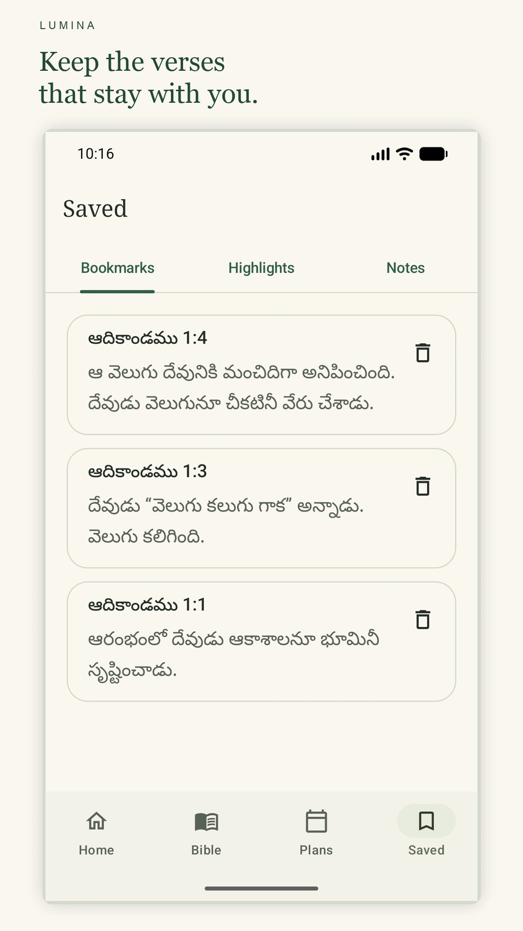 Lumina’s Saved screen with three real Telugu Genesis bookmarks created using Save verse.