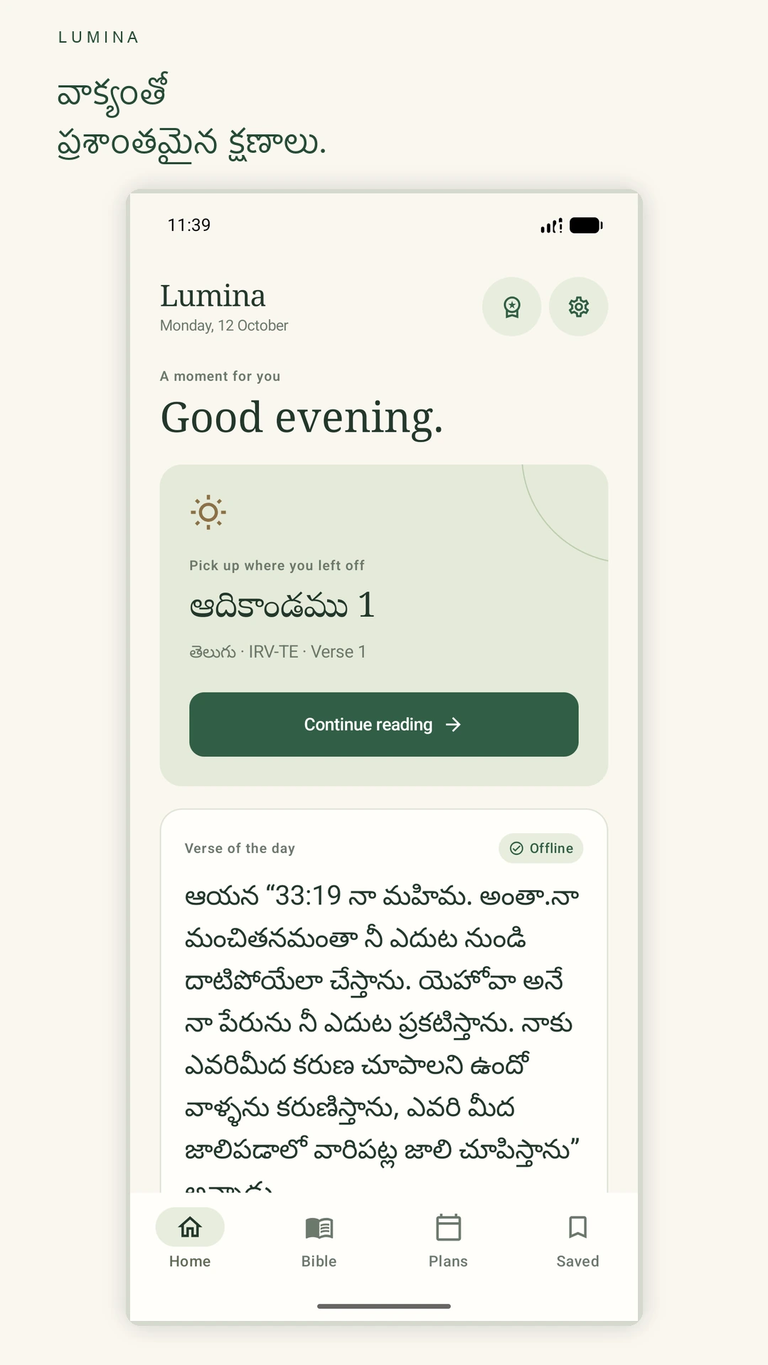 Lumina హోమ్ పేజీలో తెలుగు IRV నిర్గమకాండము 33:19 రోజువారీ వచనం, ఆదికాండము 1 చదవడం కొనసాగించే ఎంపిక.